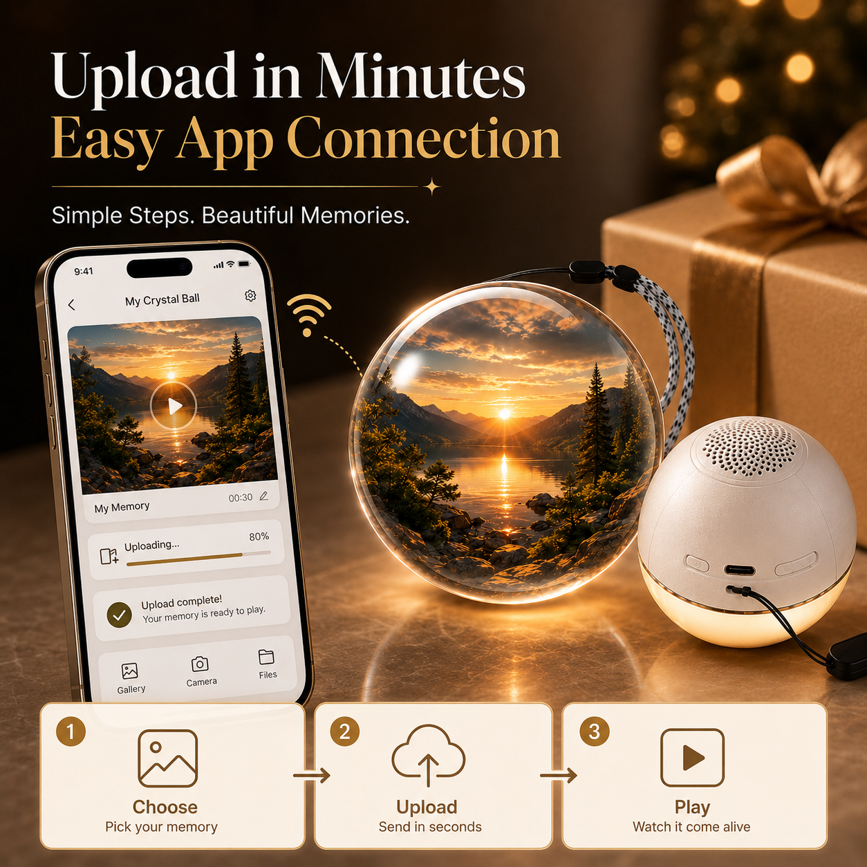 3D Crystal Ball 2.7In Personalized Light-up Sphere with Digital Video & Photo Display Custom Gift for Babies Couples & Pets black