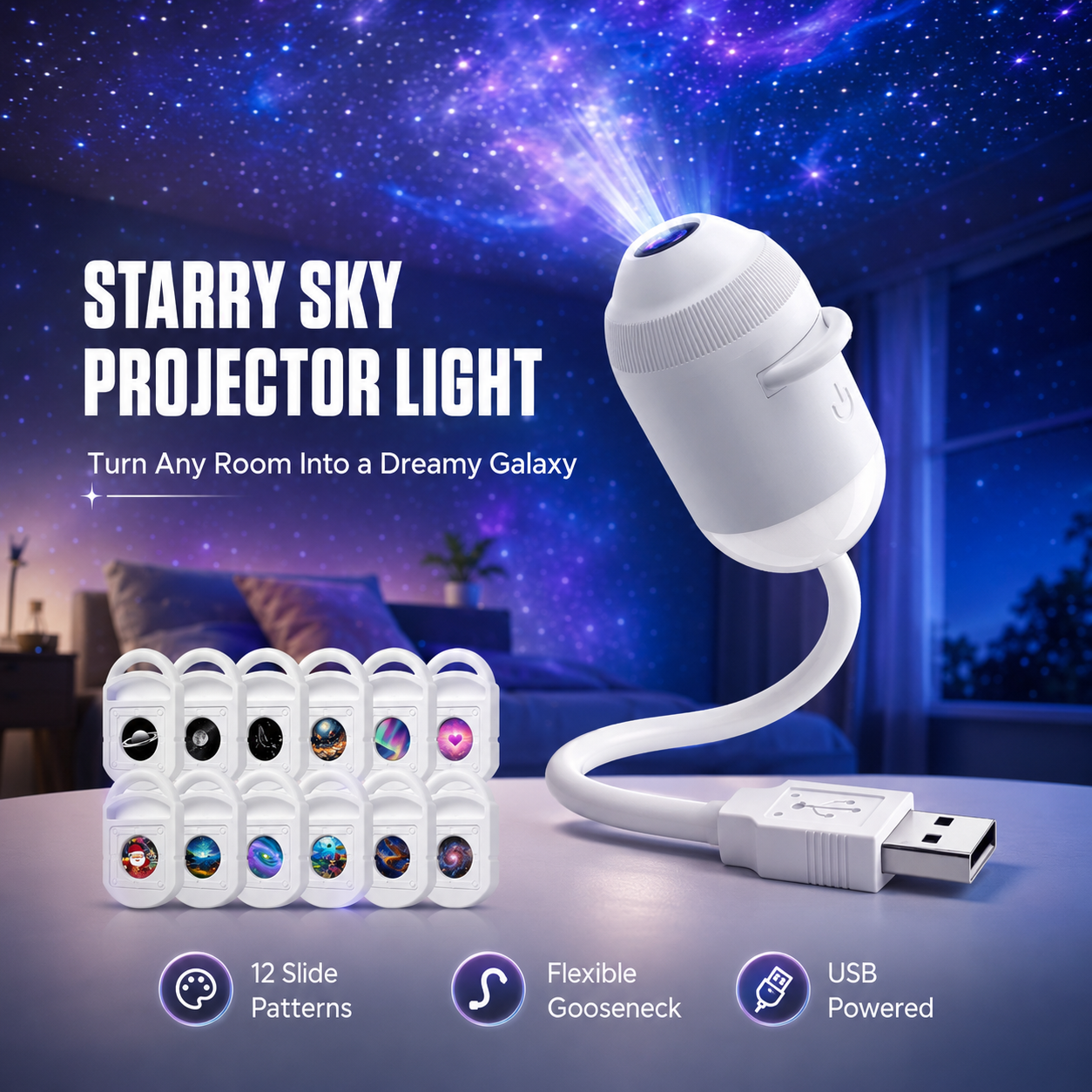 Galaxy Star Projector Night Light – Transform Your Room into a Dreamy Starry Sky with 24 Projection Films