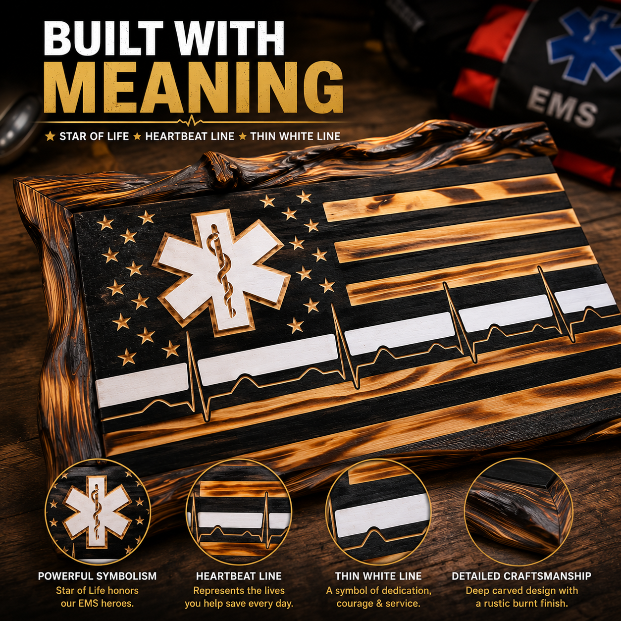 EMS Thin White Line Wooden American Flag | EMT & Paramedic Tribute Wall Decor