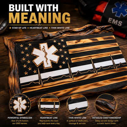 EMS Thin White Line Wooden American Flag | EMT & Paramedic Tribute Wall Decor