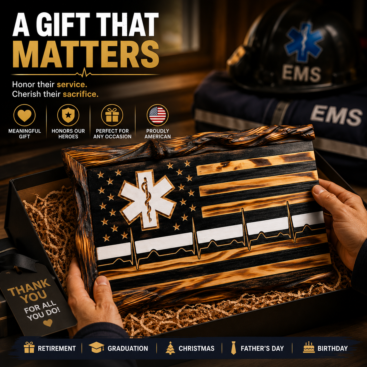 EMS Thin White Line Wooden American Flag | EMT & Paramedic Tribute Wall Decor