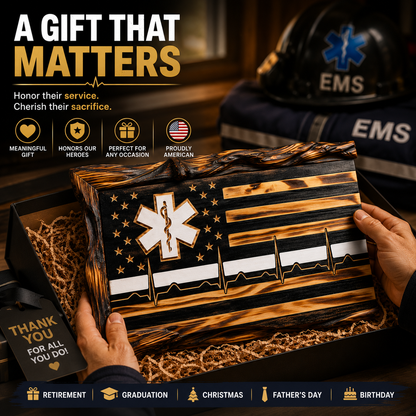 EMS Thin White Line Wooden American Flag | EMT & Paramedic Tribute Wall Decor