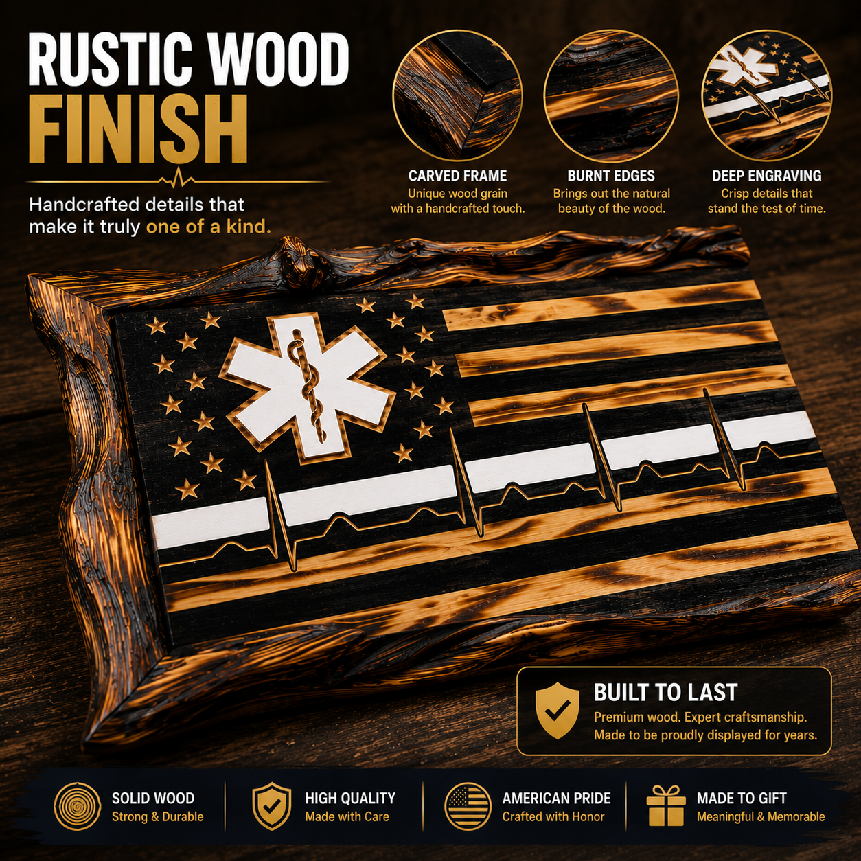 EMS Thin White Line Wooden American Flag | EMT & Paramedic Tribute Wall Decor
