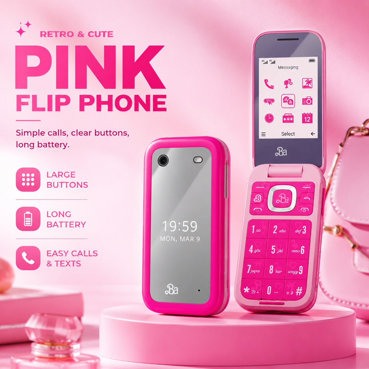 Pink Retro Flip Phone with Large Buttons – Cute 2G Basic Phone for Calls, Texts & Backup Use