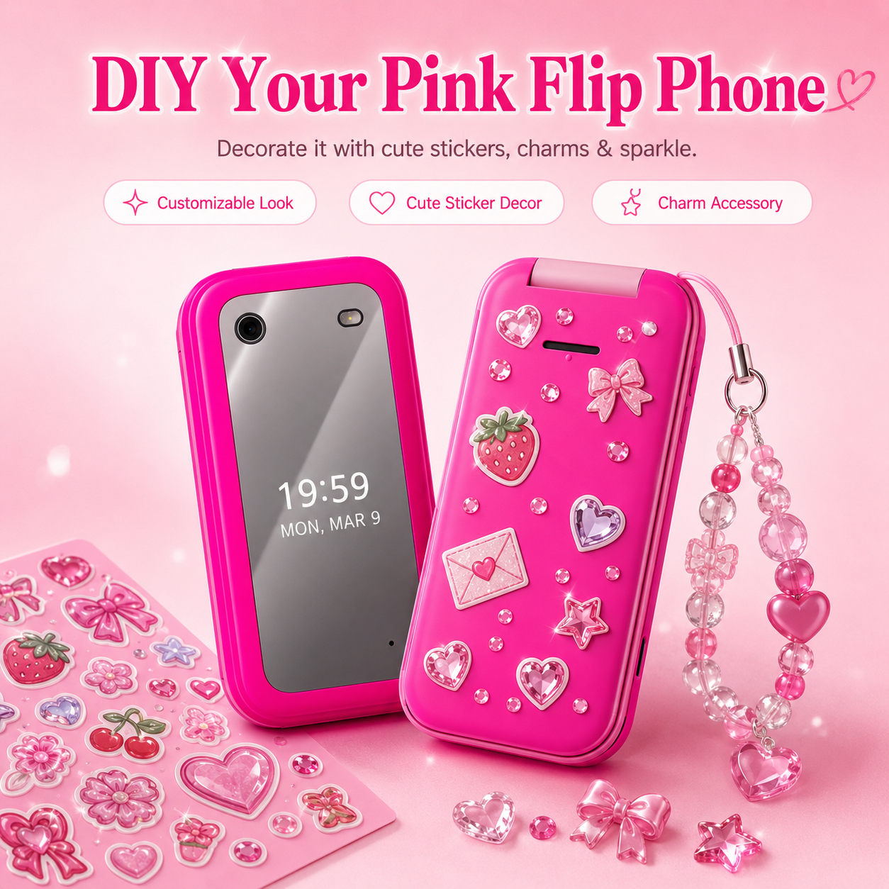 Pink Retro Flip Phone with Large Buttons – Cute 2G Basic Phone for Calls, Texts & Backup Use