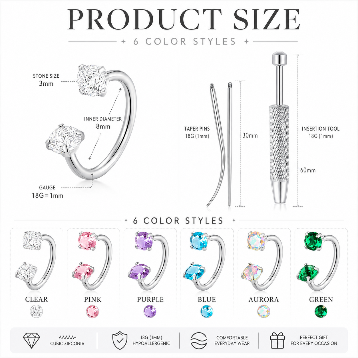 316L Surgical Steel Horseshoe Nose Ring Set | 18G 20G CZ Piercing Jewelry