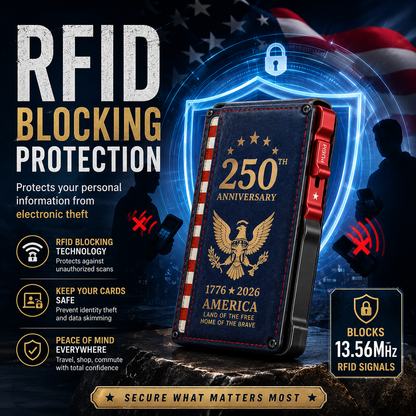 250th Anniversary RFID Blocking Wallet for Men – Slim Pop-Up Aluminum Card Holder with Cash Slot & ID Window