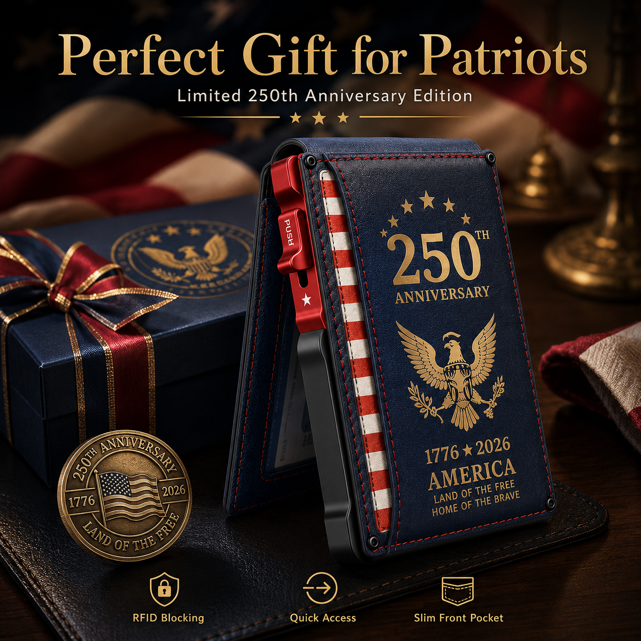 250th Anniversary RFID Blocking Wallet for Men – Slim Pop-Up Aluminum Card Holder with Cash Slot & ID Window