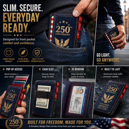 250th Anniversary RFID Blocking Wallet for Men – Slim Pop-Up Aluminum Card Holder with Cash Slot & ID Window