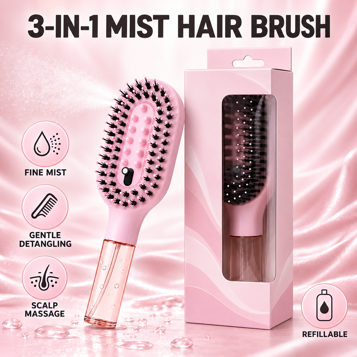 3-in-1 Refillable Mist Spray Hair Brush – Hydrate, Detangle & Massage