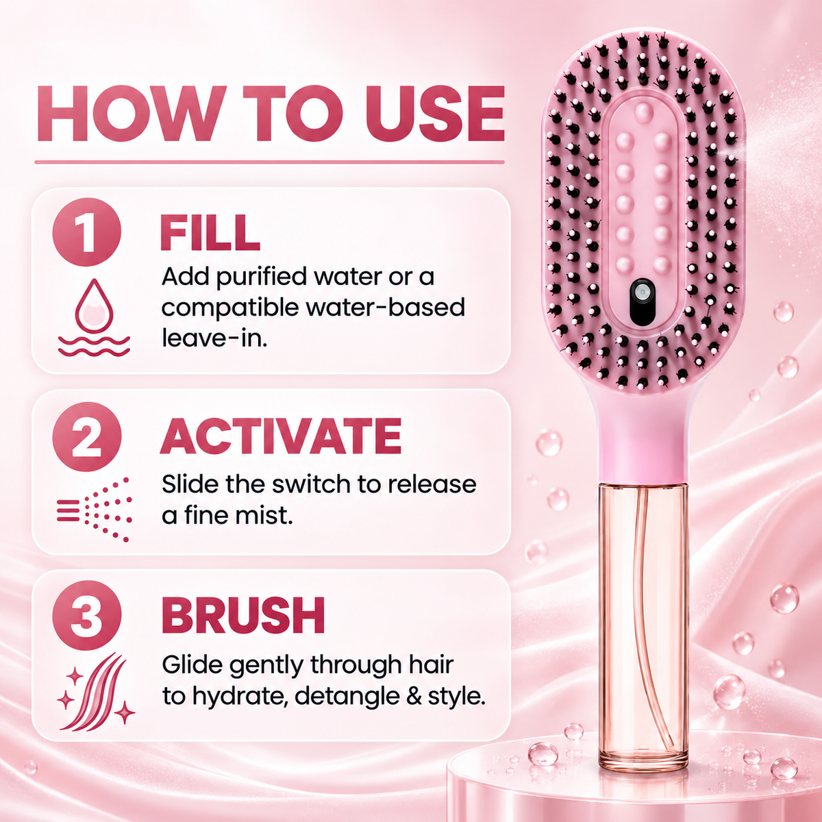 3-in-1 Refillable Mist Spray Hair Brush – Hydrate, Detangle & Massage