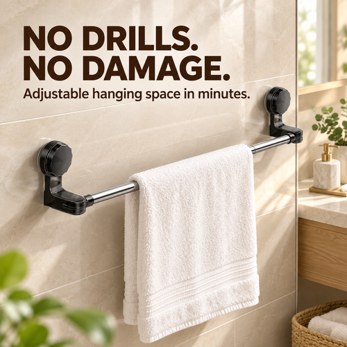 No-Drill Adjustable Suction Cup Towel Bar – Waterproof Telescopic Hanging Rail for Bathroom & Kitchen