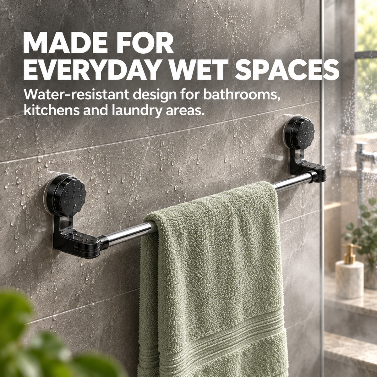 No-Drill Adjustable Suction Cup Towel Bar – Waterproof Telescopic Hanging Rail for Bathroom & Kitchen