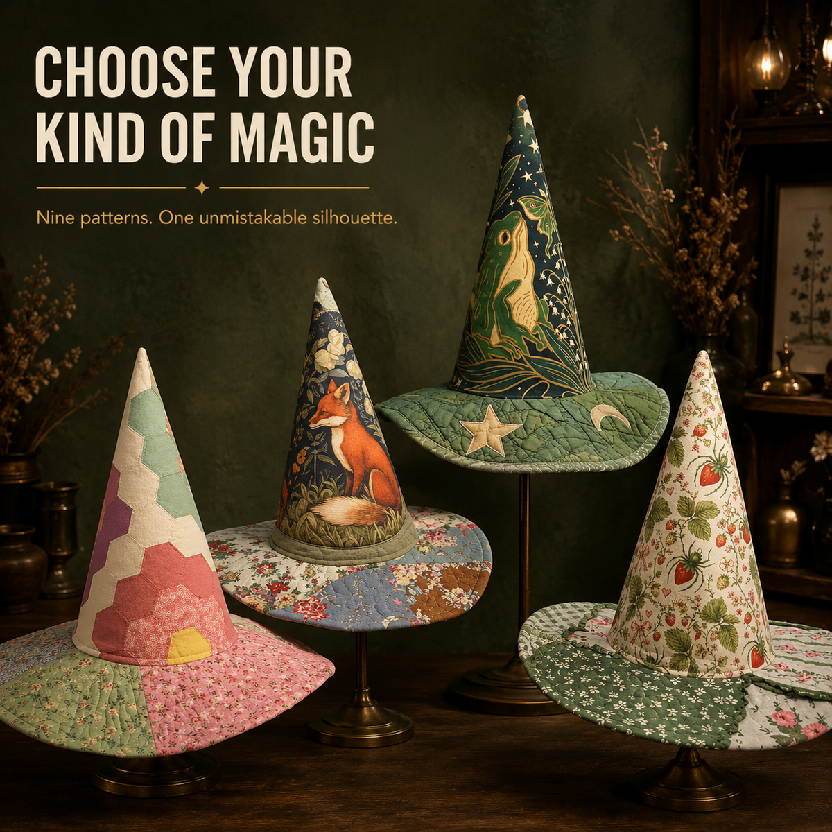 Quilted Patchwork Witch Hat – Choose Your Magical Pattern ✨