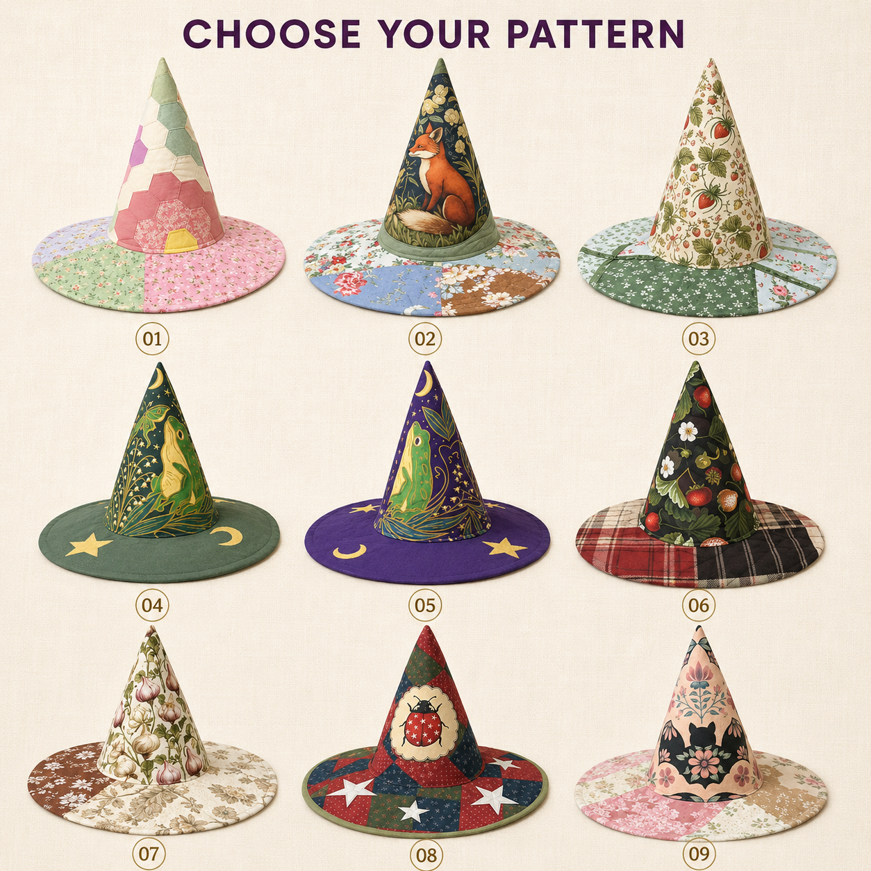 Quilted Patchwork Witch Hat – Choose Your Magical Pattern ✨