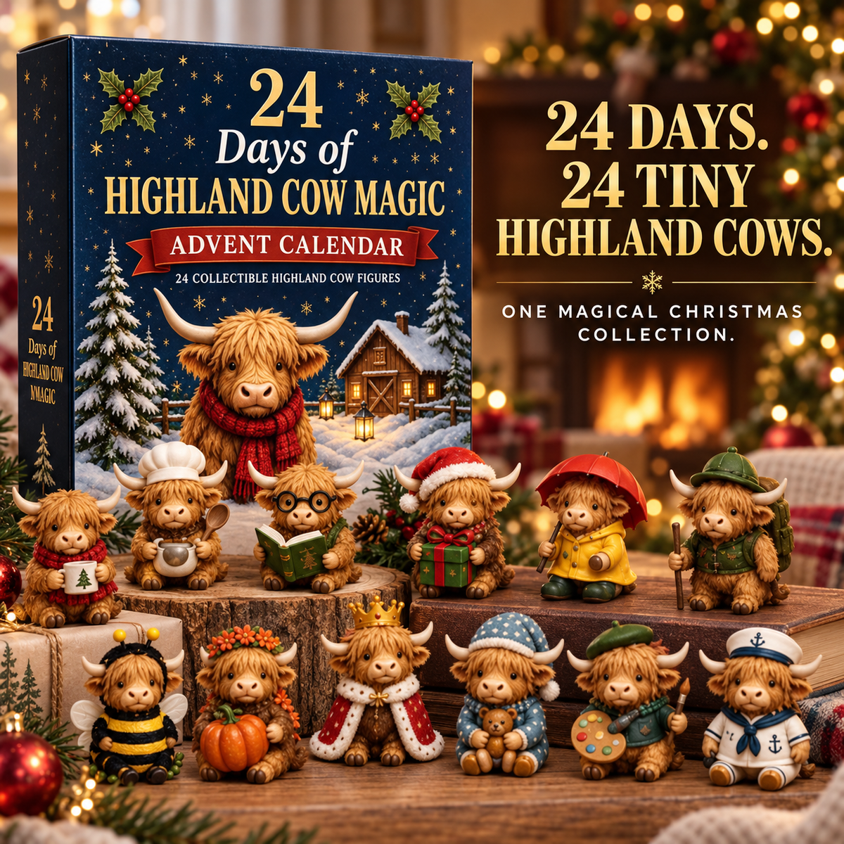24-Day Highland Cow Advent Calendar – Mini Christmas Cow Figures Countdown Gift for Collectors & Farmhouse Decor Lovers