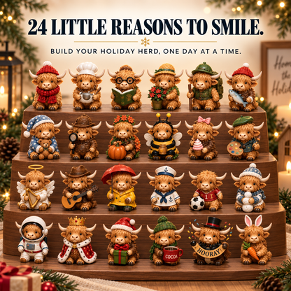 24-Day Highland Cow Advent Calendar – Mini Christmas Cow Figures Countdown Gift for Collectors & Farmhouse Decor Lovers