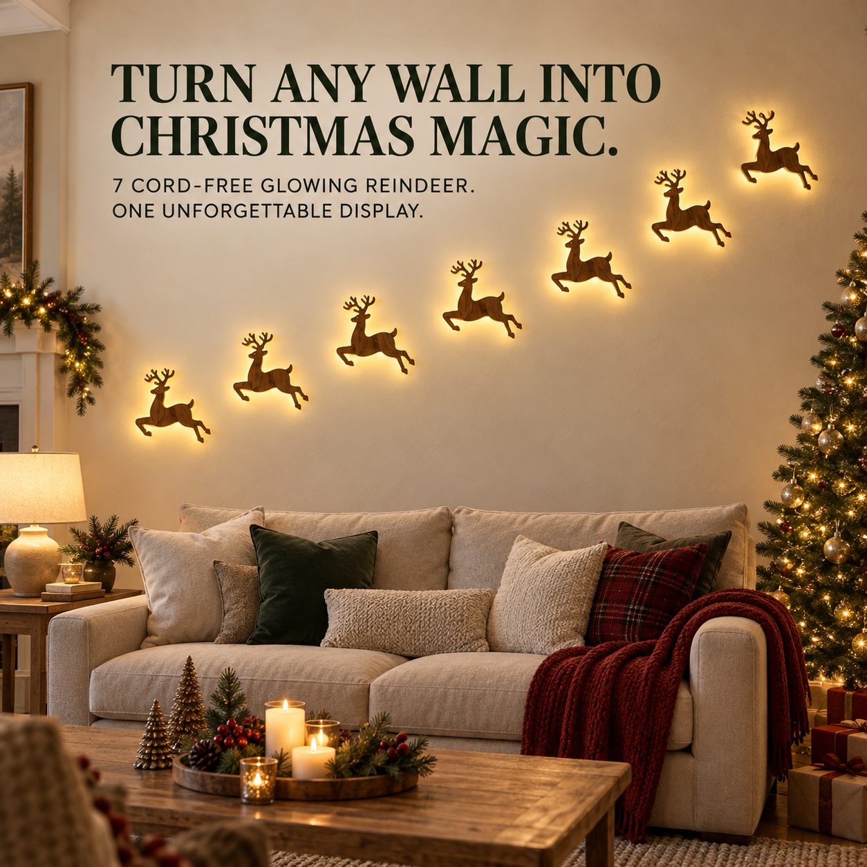🦌 7-Piece LED Reindeer Wall Décor – Cordless Remote-Controlled Christmas Glow