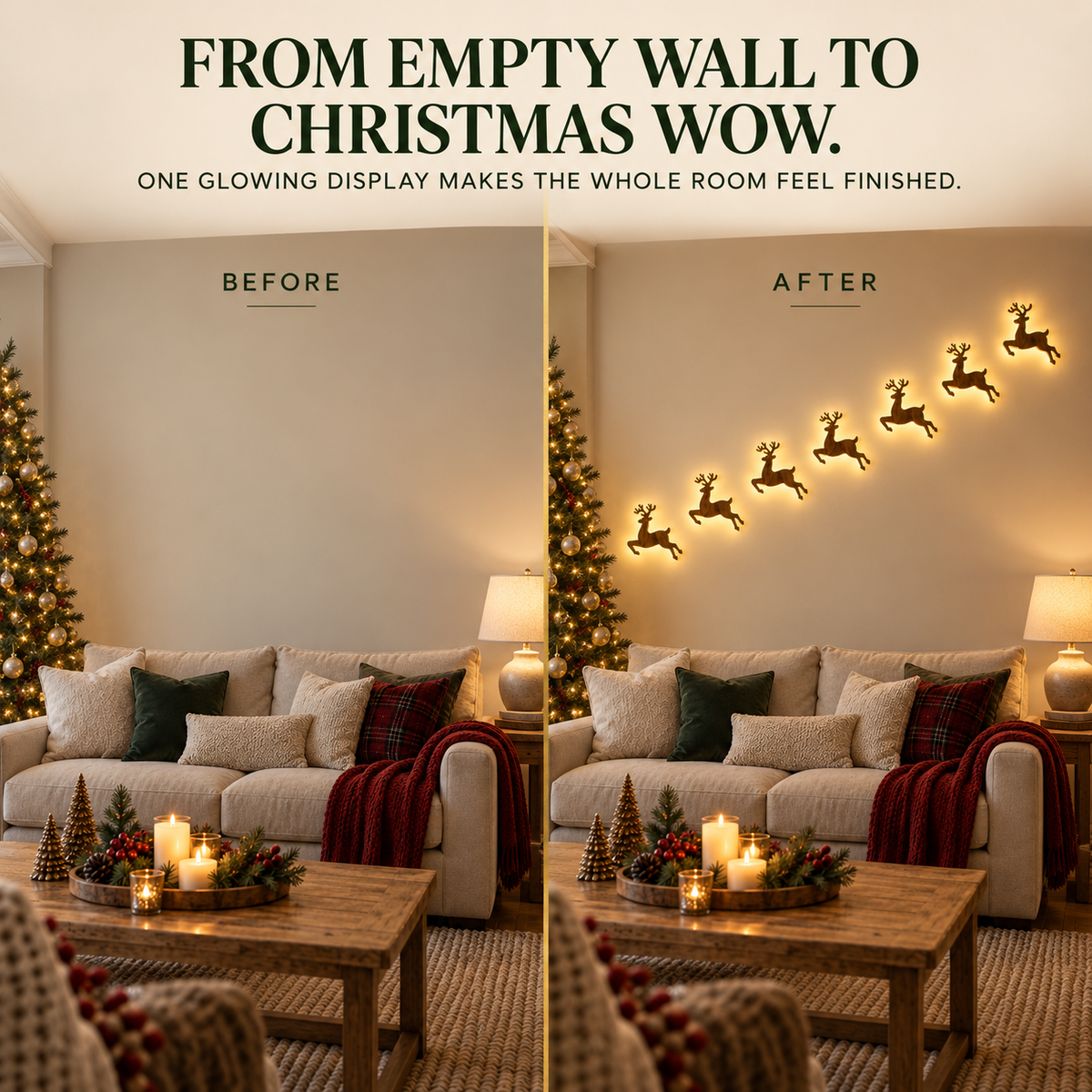 🦌 7-Piece LED Reindeer Wall Décor – Cordless Remote-Controlled Christmas Glow
