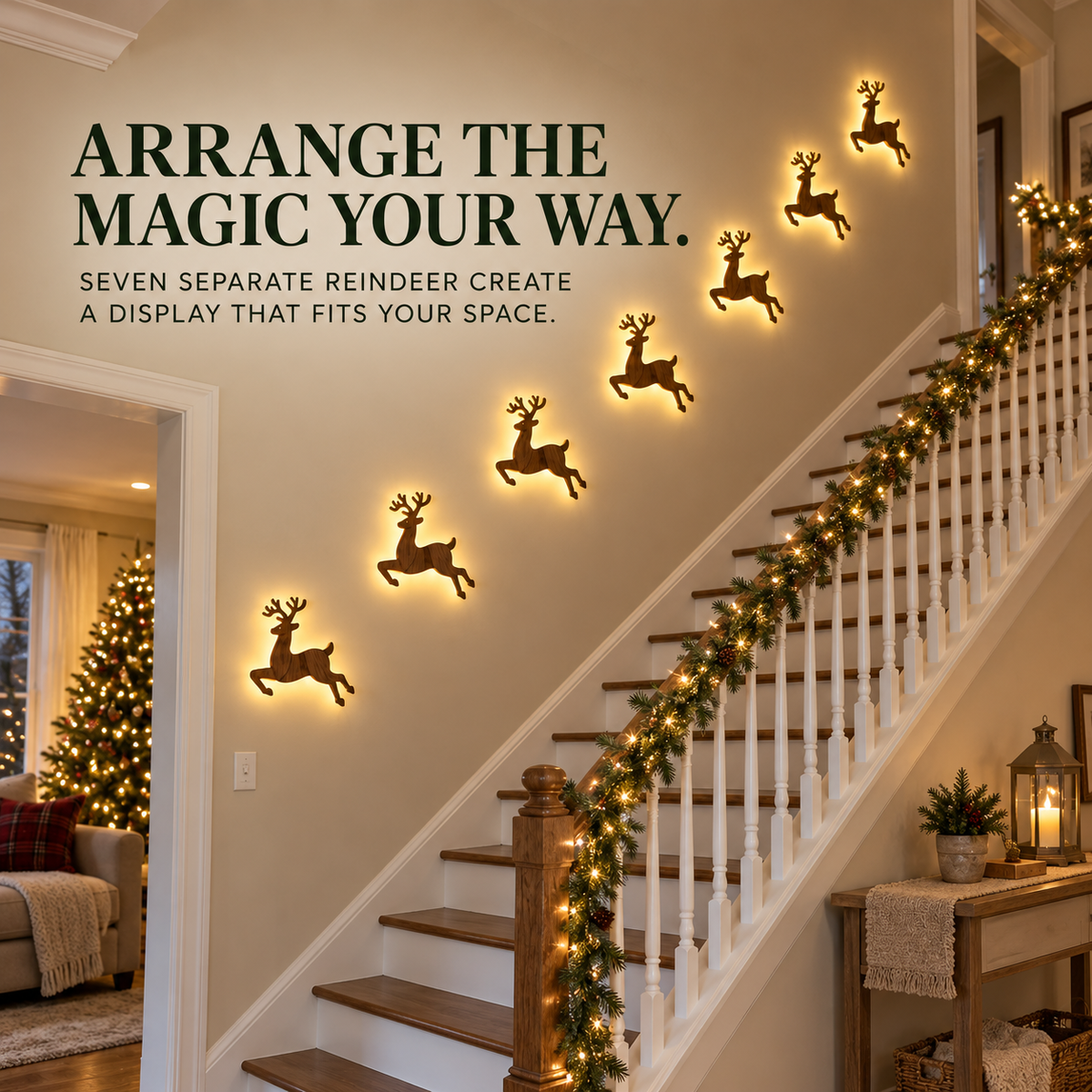 🦌 7-Piece LED Reindeer Wall Décor – Cordless Remote-Controlled Christmas Glow