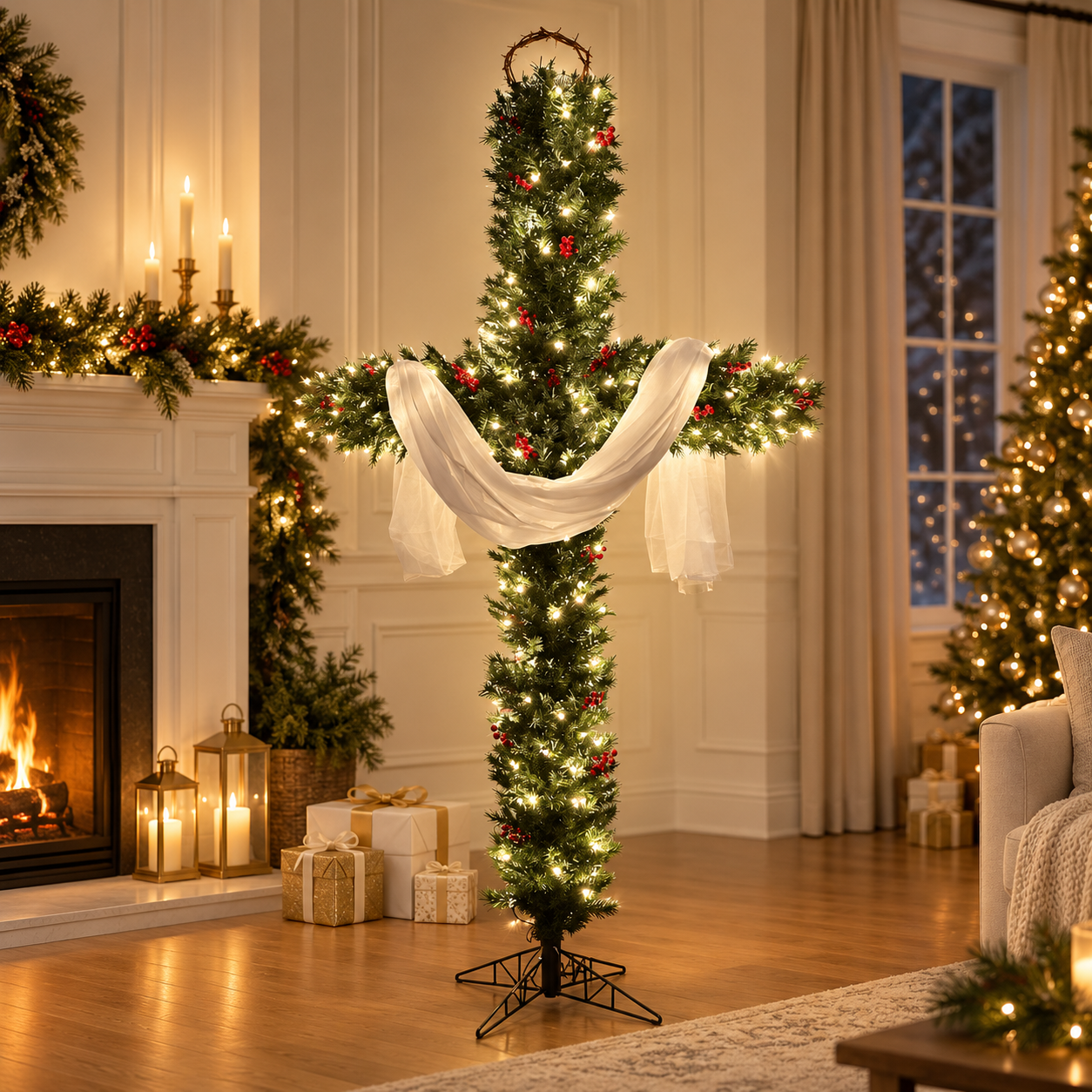 Christmas cross with warm lights beside fireplace