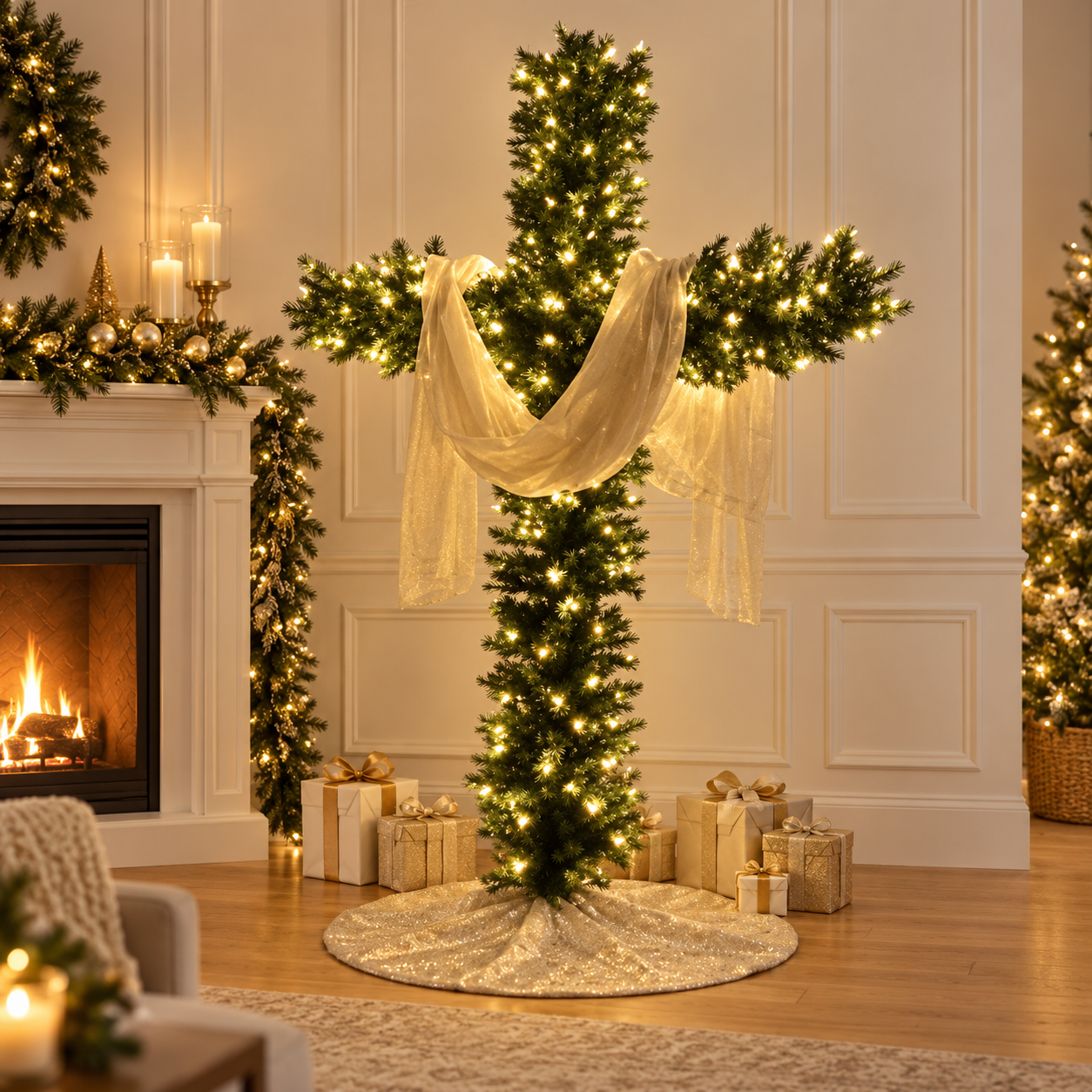 Illuminated Christmas cross decoration in a festive living room