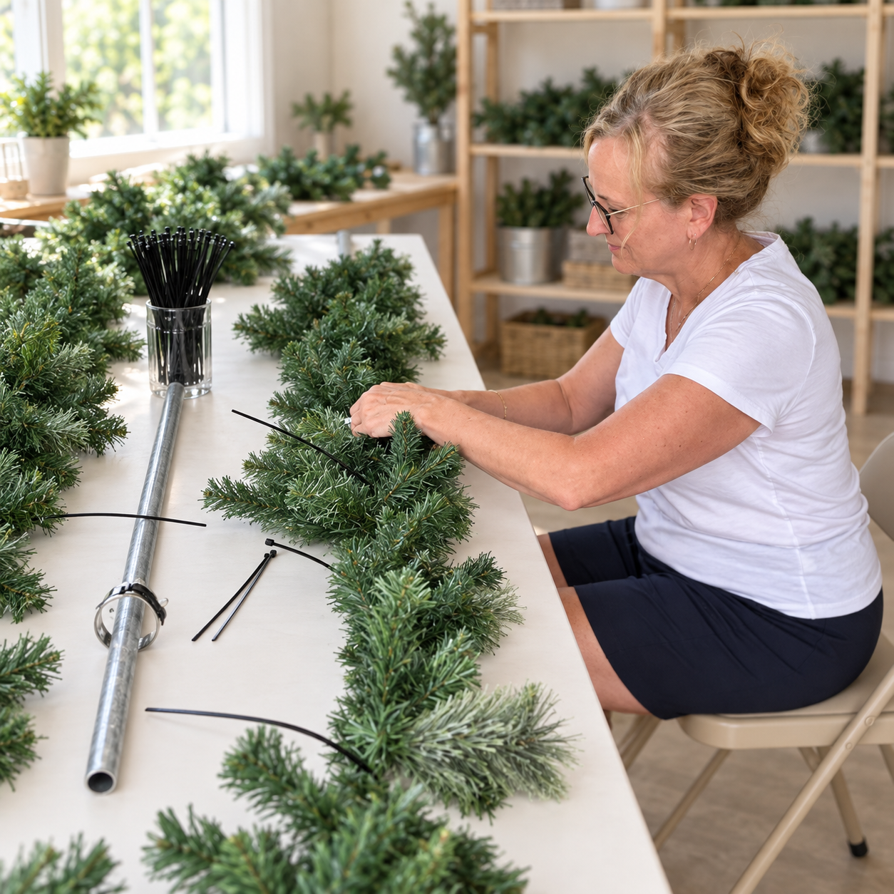 Christmas cross greenery being assembled