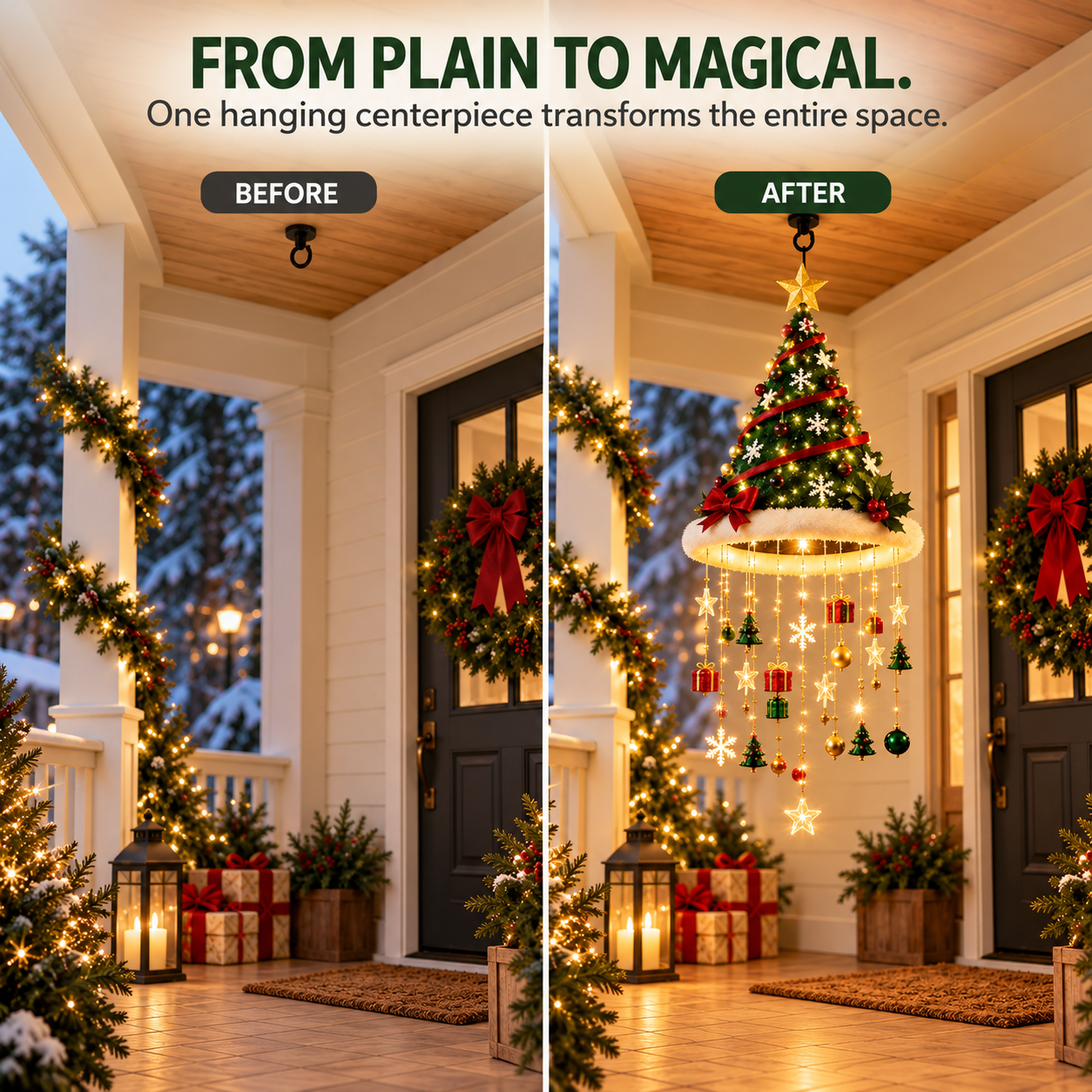 🎄 Lighted Christmas Hanging Chandelier – Tree & Santa Hat Holiday Décor