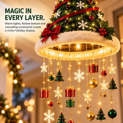 🎄 Lighted Christmas Hanging Chandelier – Tree & Santa Hat Holiday Décor