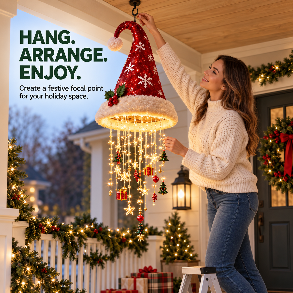 🎄 Lighted Christmas Hanging Chandelier – Tree & Santa Hat Holiday Décor