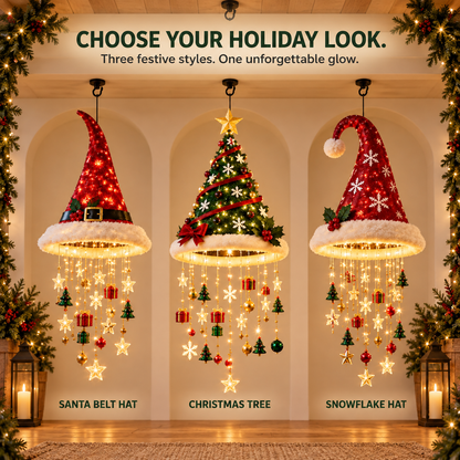 🎄 Lighted Christmas Hanging Chandelier – Tree & Santa Hat Holiday Décor
