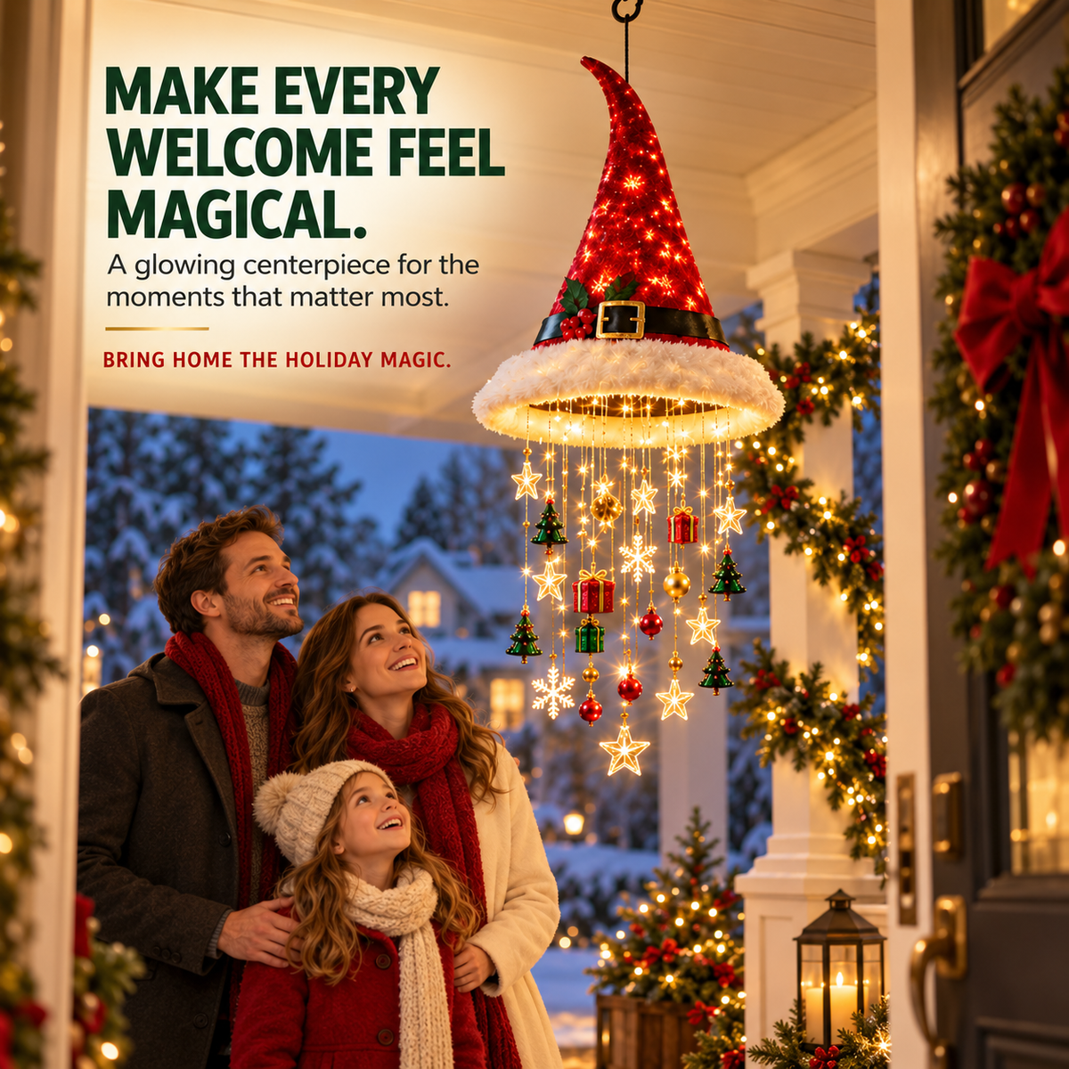 🎄 Lighted Christmas Hanging Chandelier – Tree & Santa Hat Holiday Décor