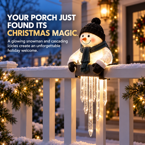 ☃️ Lighted Snowman Railing Decoration with Hanging Icicles – Christmas Porch Décor