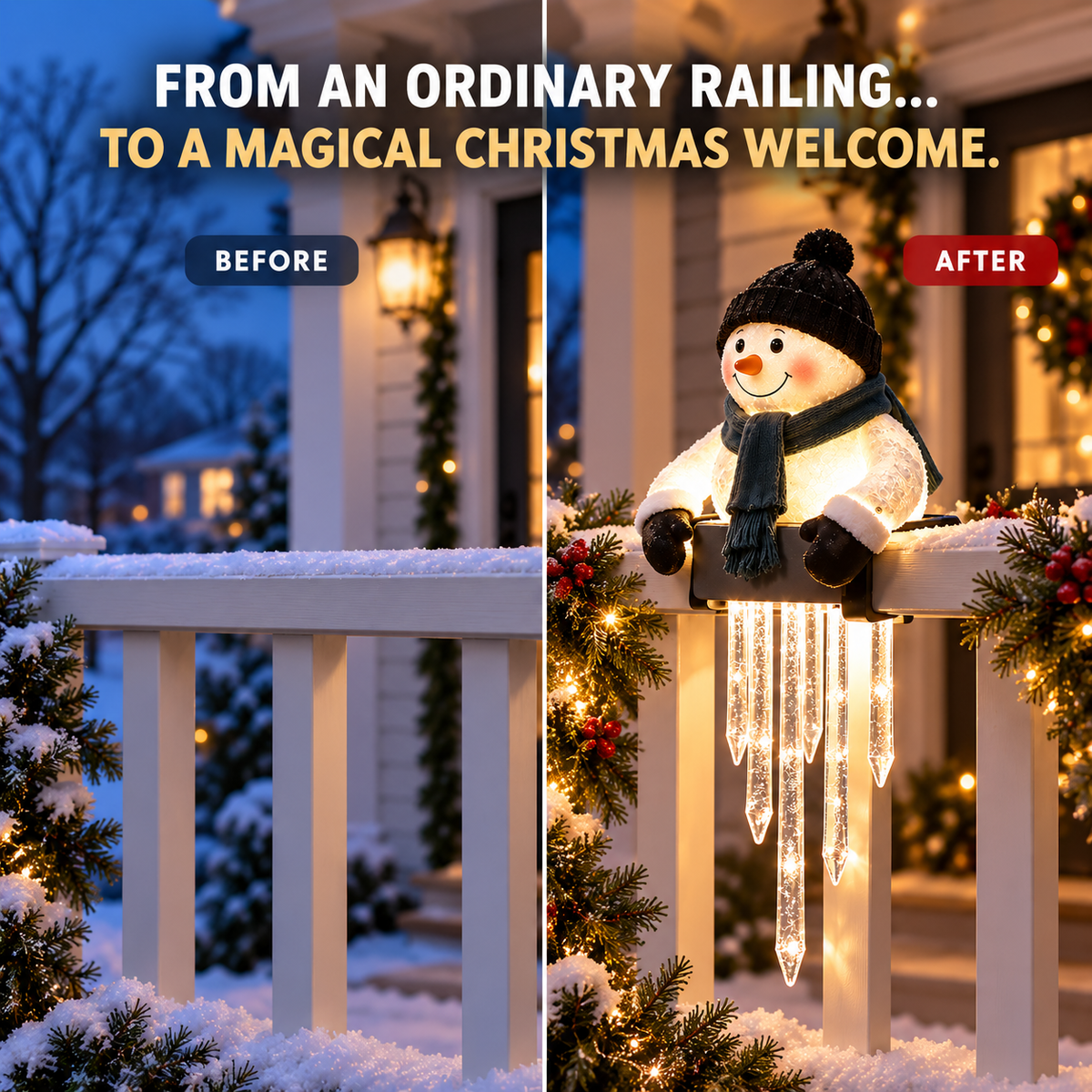 ☃️ Lighted Snowman Railing Decoration with Hanging Icicles – Christmas Porch Décor