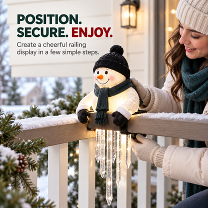 ☃️ Lighted Snowman Railing Decoration with Hanging Icicles – Christmas Porch Décor