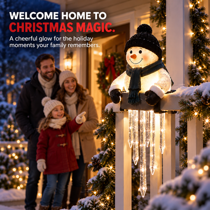 ☃️ Lighted Snowman Railing Decoration with Hanging Icicles – Christmas Porch Décor