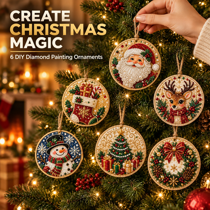 🎄 6-Piece DIY Diamond Painting Wooden Christmas Ornament Kit – Handmade Holiday Tree Decorations