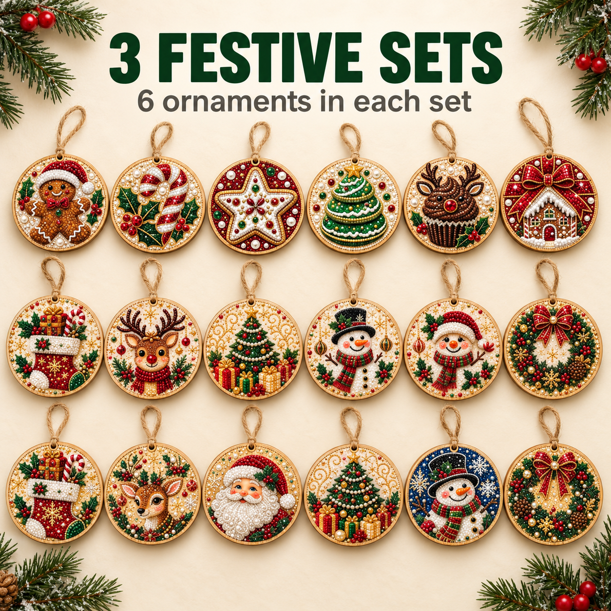 🎄 6-Piece DIY Diamond Painting Wooden Christmas Ornament Kit – Handmade Holiday Tree Decorations