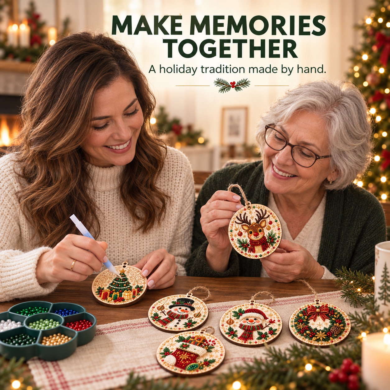 🎄 6-Piece DIY Diamond Painting Wooden Christmas Ornament Kit – Handmade Holiday Tree Decorations