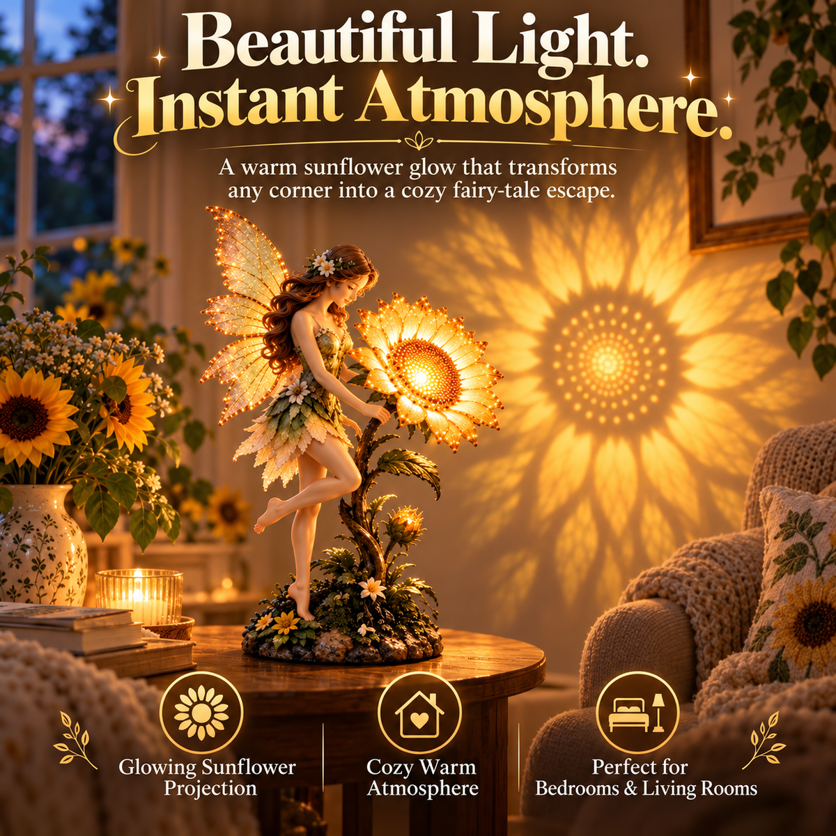 🧚 Fairy Sunflower Projection Lamp – Magical Warm Glow Home Decor