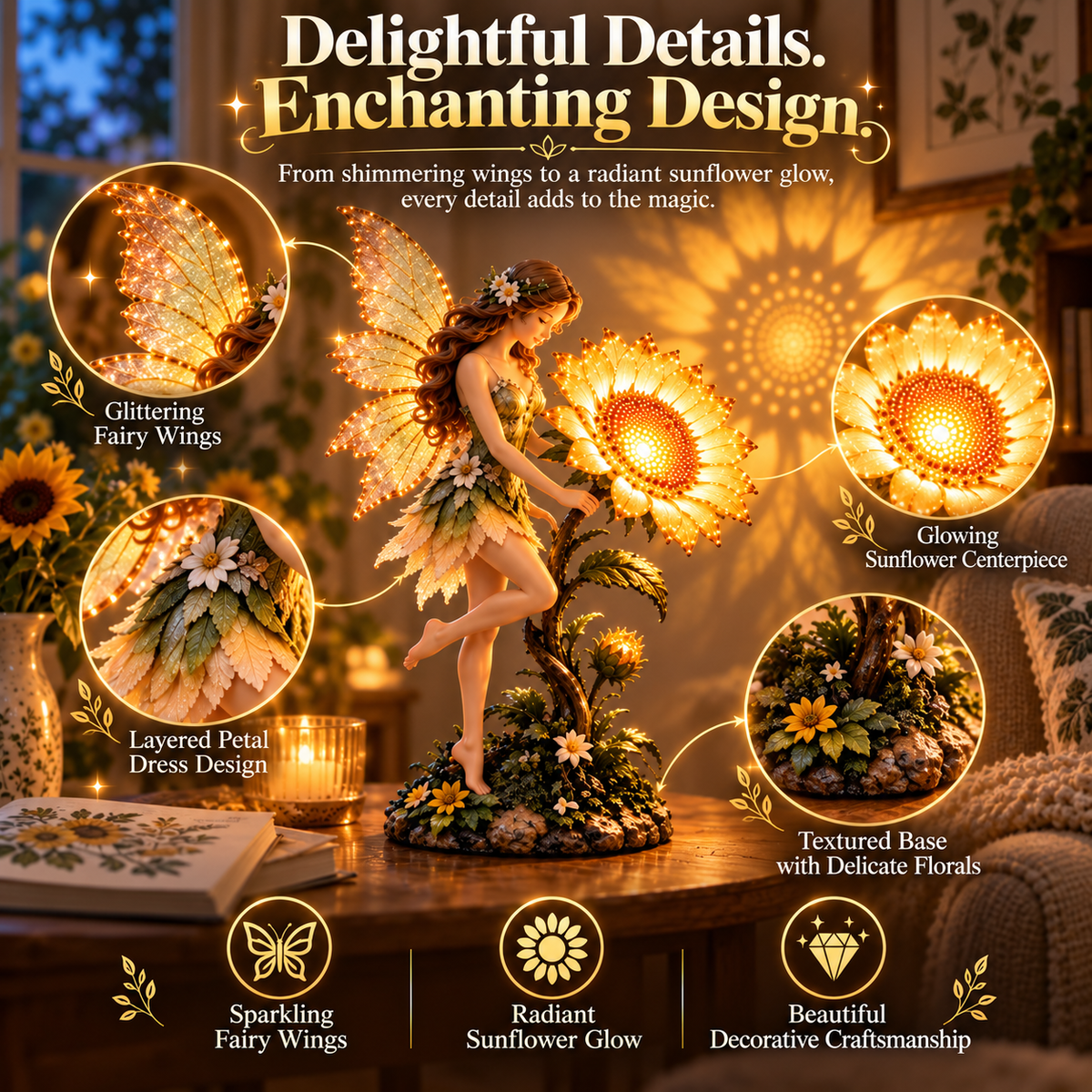 🧚 Fairy Sunflower Projection Lamp – Magical Warm Glow Home Decor