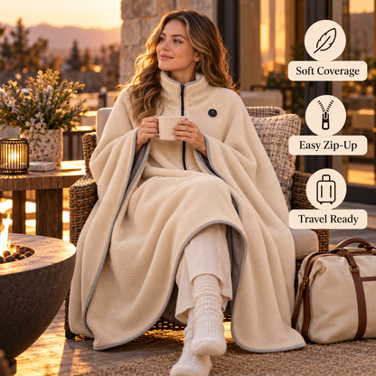 🔥 Heated Wearable Blanket Cape – Zip-Up Cozy Wrap for Travel, Car & Office