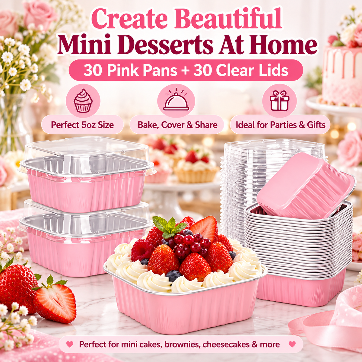 🧁 30-Pack Mini Pink Cake Pans With Lids – Create Perfect Individual Desserts For Every Celebration