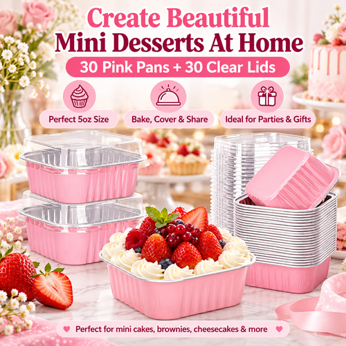 🧁 30-Pack Mini Pink Cake Pans With Lids – Create Perfect Individual Desserts For Every Celebration
