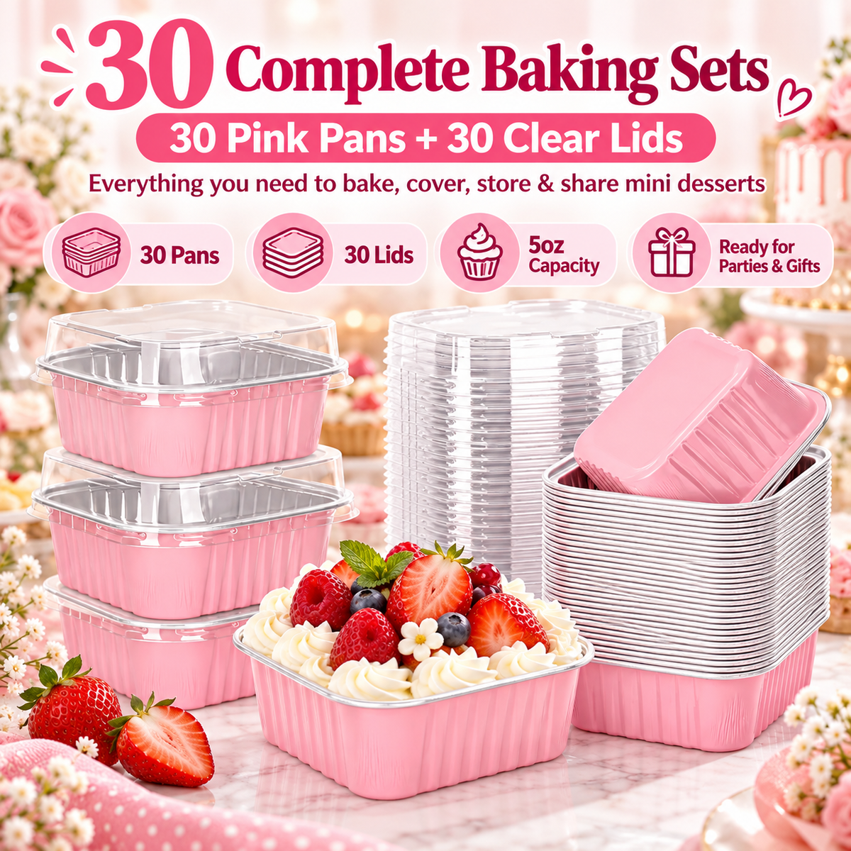 🧁 30-Pack Mini Pink Cake Pans With Lids – Create Perfect Individual Desserts For Every Celebration