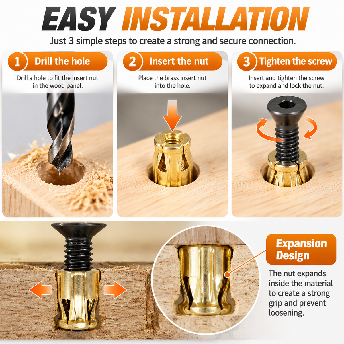 🔩 Cabinet Hinge Repair Inserts – Strong Expansion Nuts For Fixing Loose Furniture & Wood Screws