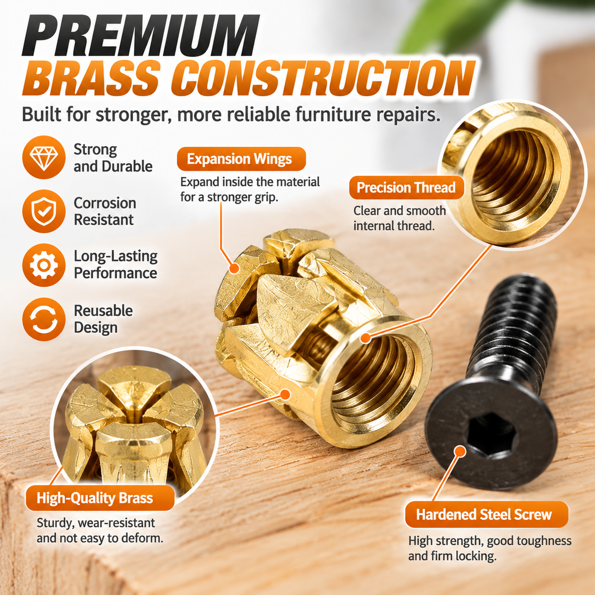 🔩 Cabinet Hinge Repair Inserts – Strong Expansion Nuts For Fixing Loose Furniture & Wood Screws