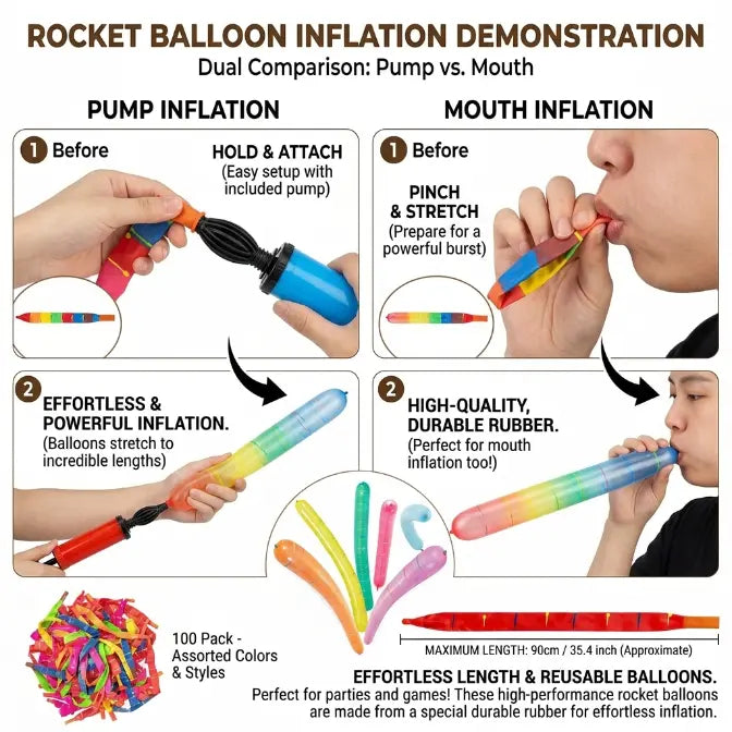 100PCS Rocket Balloon Launcher Set | Flying Party Balloons for Kids & Family Fun