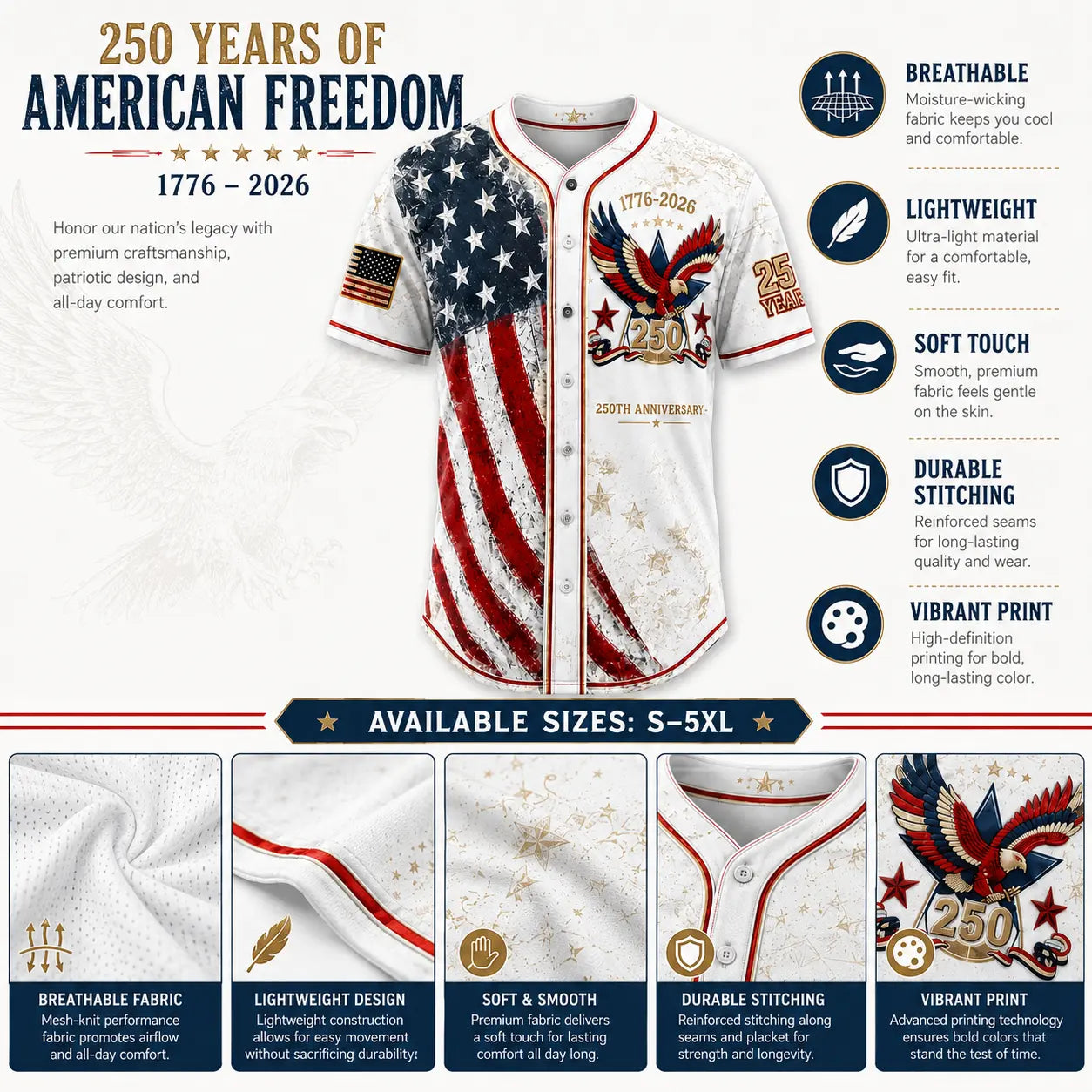 USA 250th Anniversary Baseball Jersey | 1776–2026 Patriotic Shirt