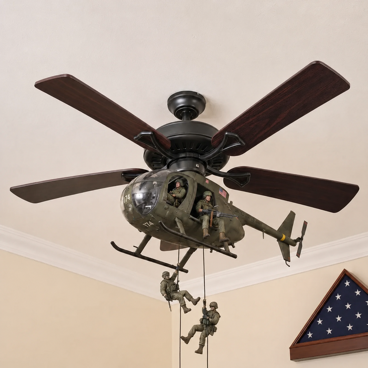 🚁 Military Helicopter Ceiling Fan Decor – Realistic Hanging Ornament for Man Cave & Home.
